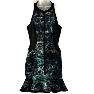 Parker Dress SZ M Mini Neoprene Blue Black Front Goth Rocker Geometric Fit Flare